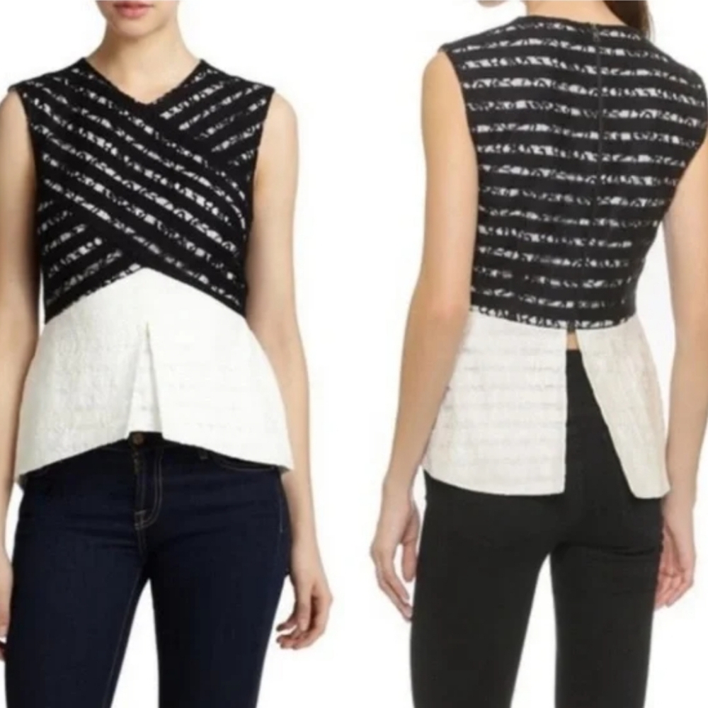 BCBGMaxAzria Black and White Sleeveless Peplum Top